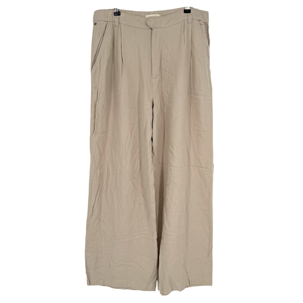 The Normal Brand Women XL Khaki Tan Linen Blend Pleated Wide Leg Trousers Pants